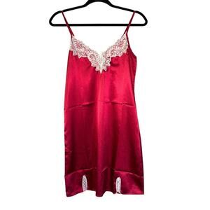 Ekouaer Red Satin Slip White Lace Trim Women's L Nighty PJ's Neglisay Dress